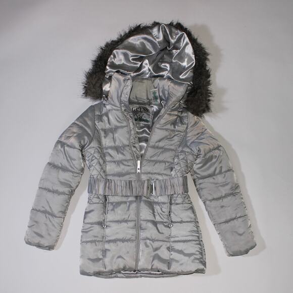 Guess y2K Silver Zip Up Coat With A Fur Hood - Picture 1 of 6
